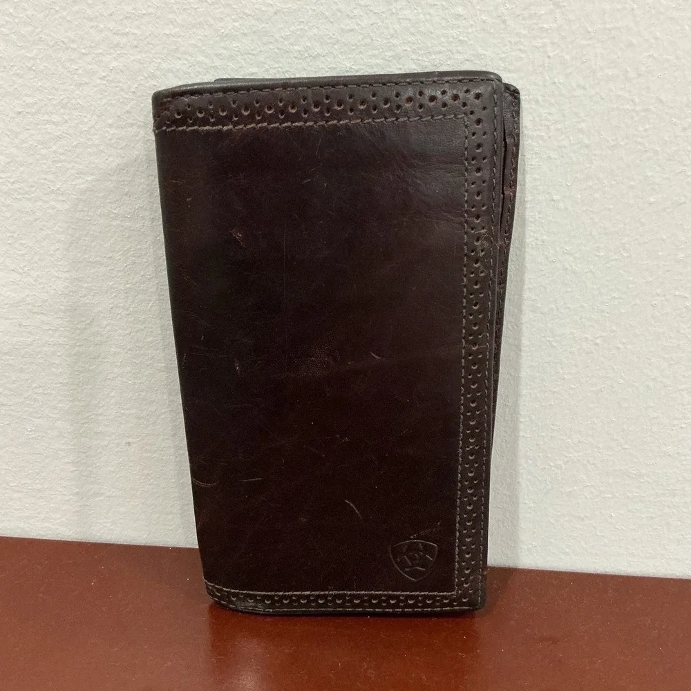 Ariat Western Mens Wallet Rodeo Leather Embroidered Logo Brown Perforated Edge - Picture 1 of 3